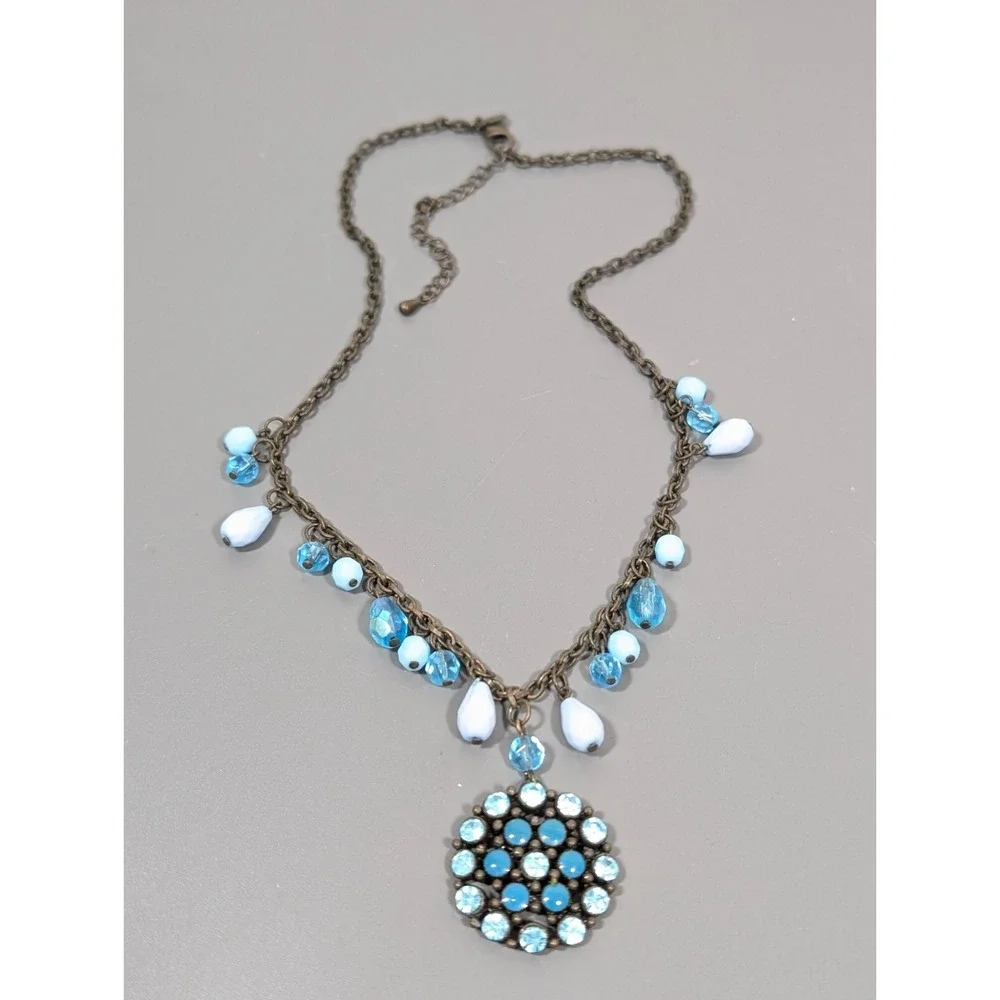 Vida Jewels Blue Rhinestone‎ Medallion Necklace Bronze Boho 21